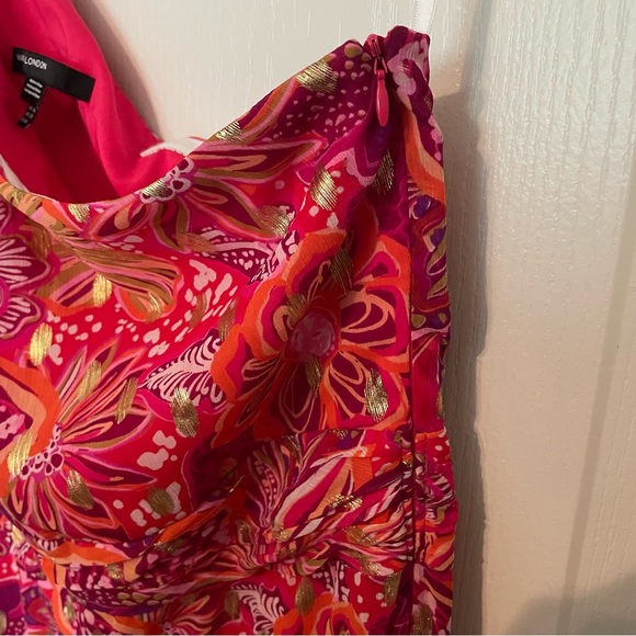 Maggy London One-Shoulder Asymmetrical Dress - Red and Pink Floral - Picture 3 of 9